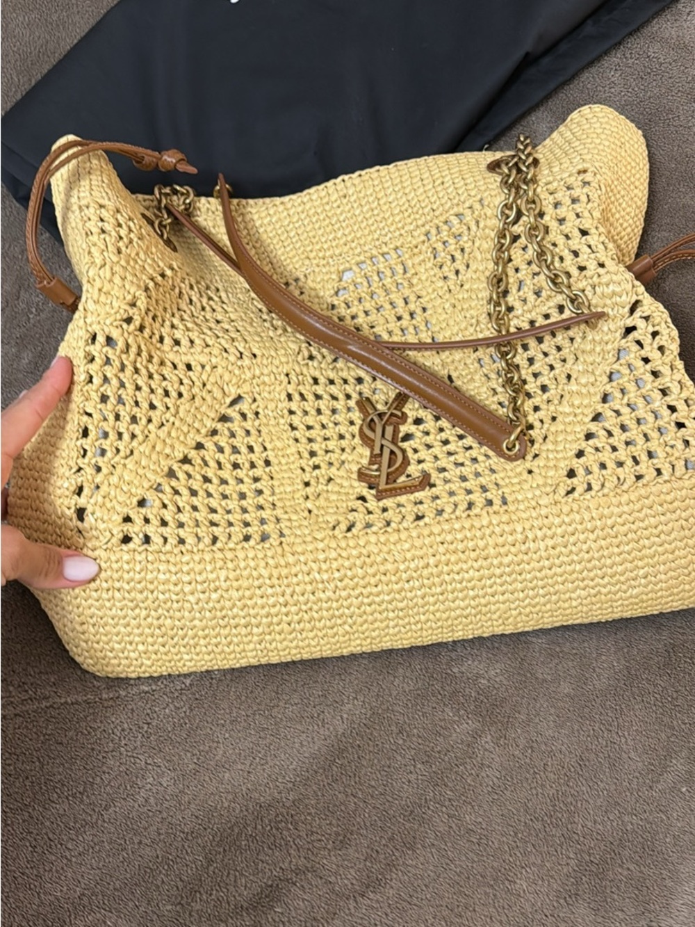 Saint Laurent logo woven raffia shoulder bag with leather trim and YSL charm